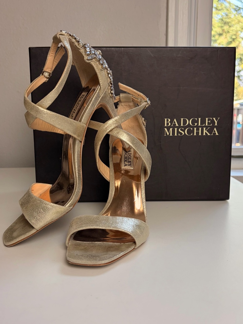 Badgley Mischka Metallic Gold Crystal-Embellished Strappy Heels